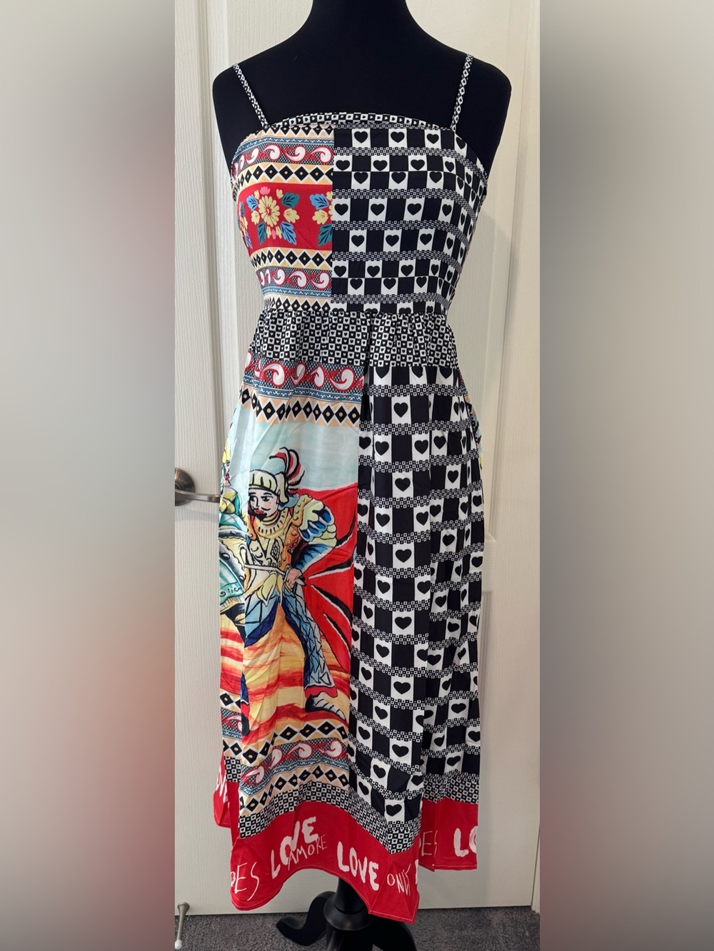 Patterned Black & Red Maxi Dress with Graphic Panels